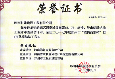 “錦藝四季城香榭苑6#、7#、8#樓”榮獲2017年鄭州市“結(jié)構(gòu)商鼎杯獎(jiǎng)”