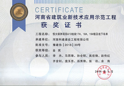 “恒大綠洲項目A10地塊17#、18#、19#樓及地下車庫工程”榮獲“河南省建筑業(yè)新技術應用示范工程”金獎