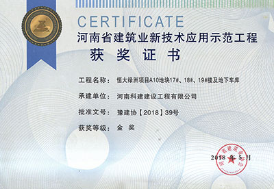 “恒大綠洲項目A10地塊17#、18#、19#樓及地下車庫工程”榮獲“河南省建筑業(yè)新技術應用示范工程”金獎